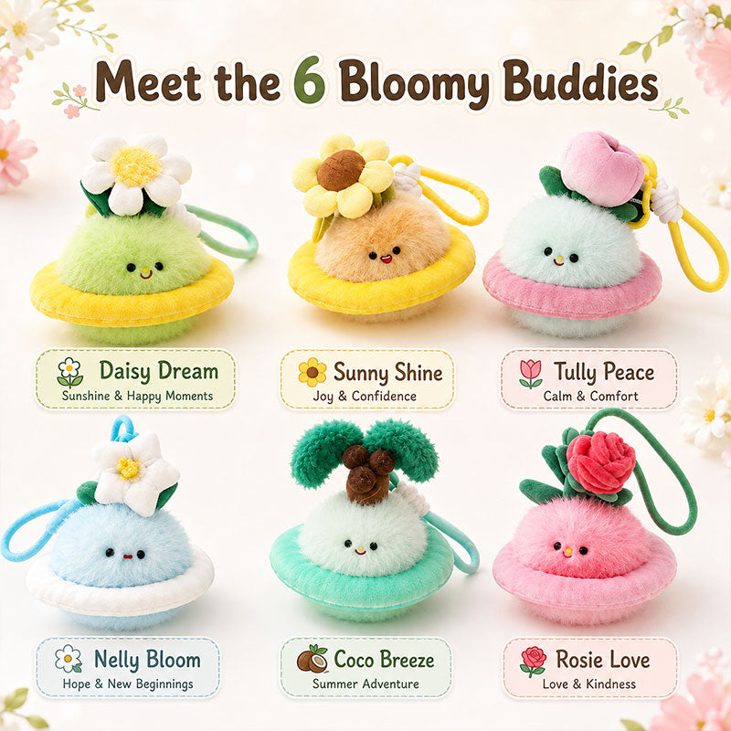 Bloomy Buddies flower friends collection featuring six cute handmade plush charm characters