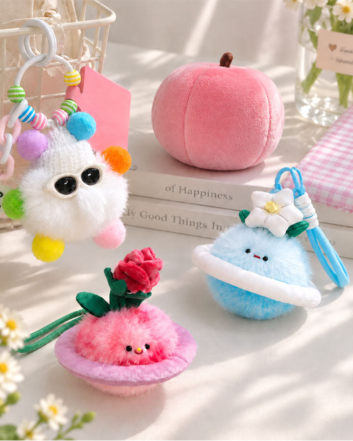 Handmade plush squishy toys and soft cute bag charms in pastel colors