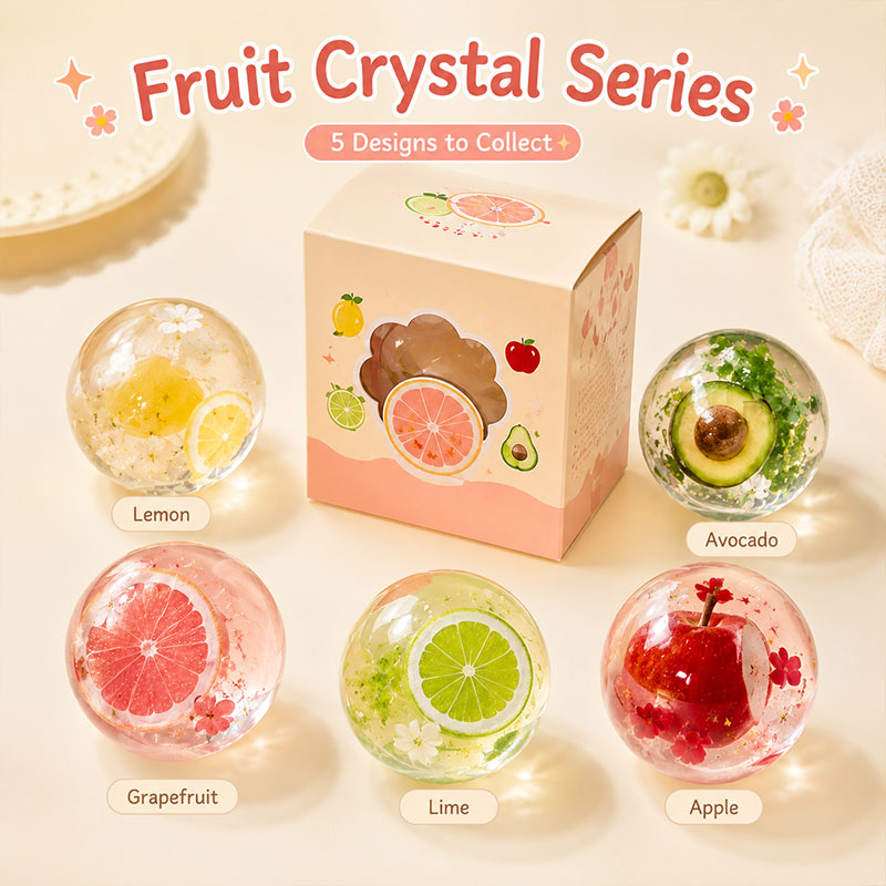 Fruit Crystal Squishy Blind Box collection featuring lemon lime avocado grapefruit and apple designs