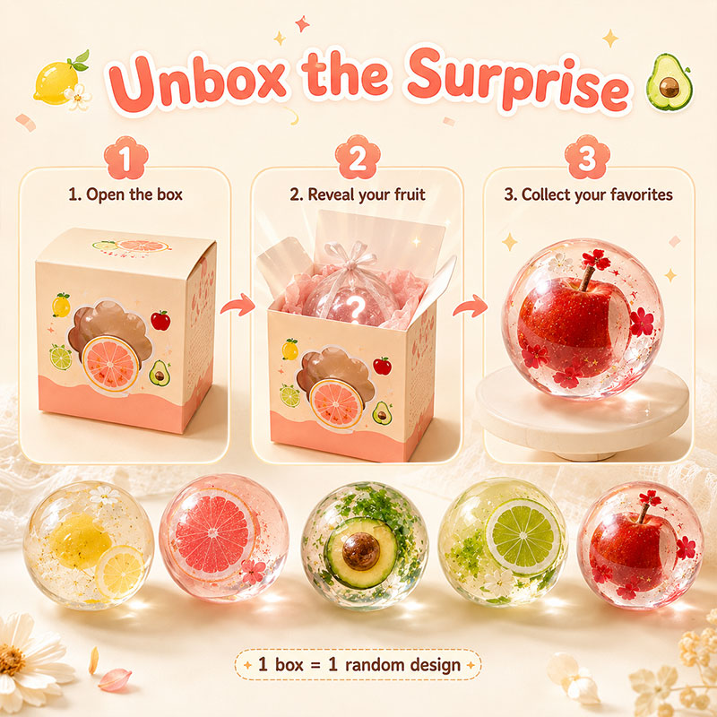 Unboxing a Fruit Crystal Squishy Blind Box to reveal a random surprise fruit squishy toy