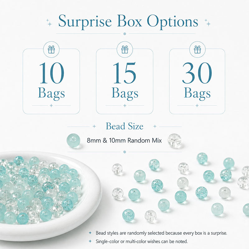 Glass bead mystery box size options with 8mm and 10mm beads