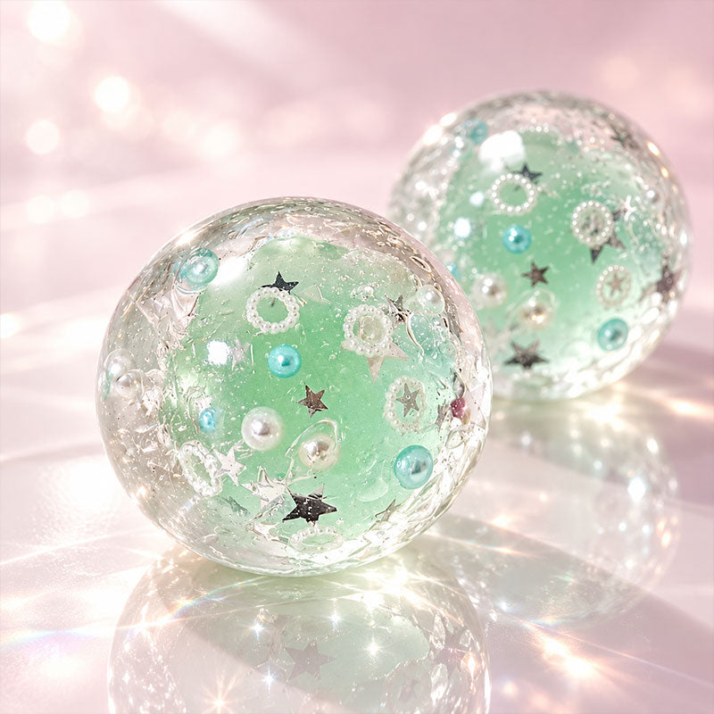 Handmade 6cm crystal squishy mystery balls with transparent coconut oil design, pearls and star details