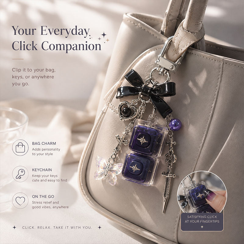 Lucky Click fidget keychain on a bag