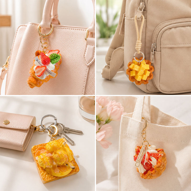 Sweetie Bites mood friend dessert charm keychain in everyday lifestyle moments