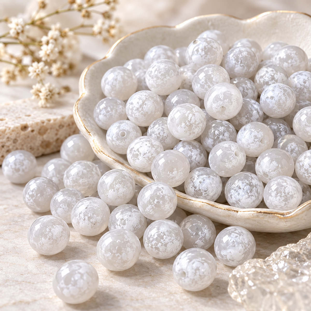 14mm Snowflake Glass Beads – Elegant Marble Collection