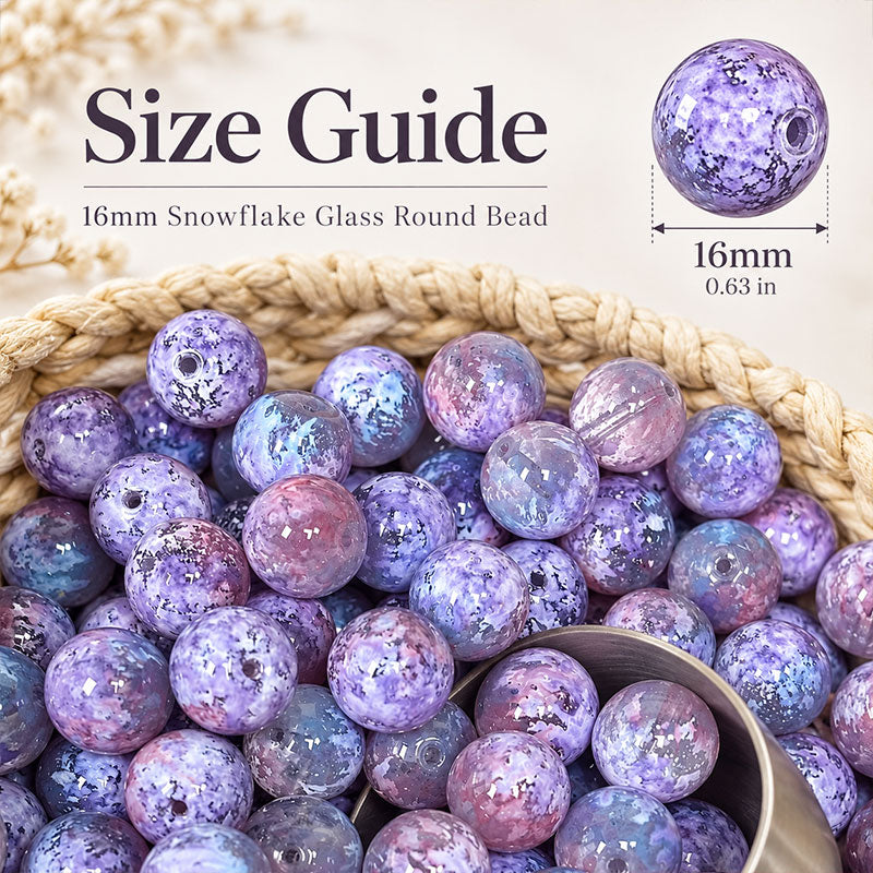 16mm purple snowflake glass round beads with 0.63 inch size guide