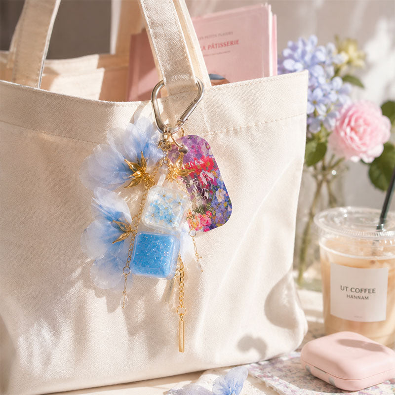blue Floral clicker charm on handbag