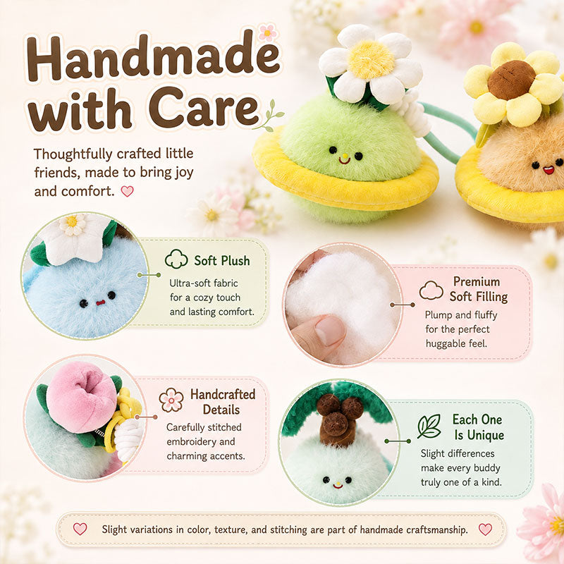 Close-up of Bloomy Buddies handmade plush charm details and soft fluffy texture