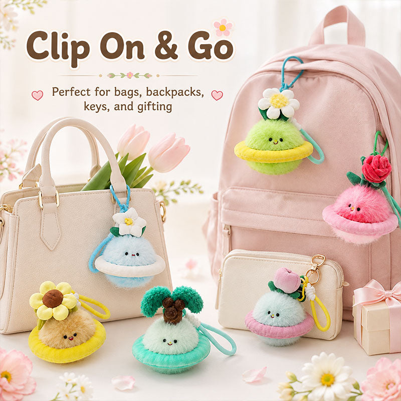 Bloomy Buddies plush charm attached to a bag as a cute collectible accessory