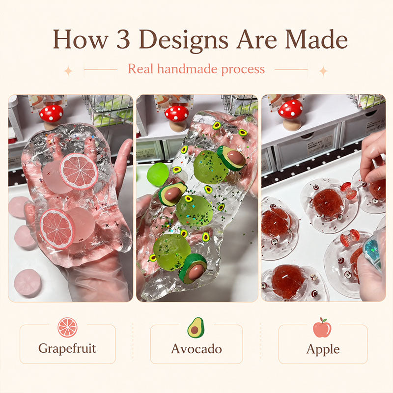 Handmade process of creating coconut oil crystal squishy fruit designs with jelly texture