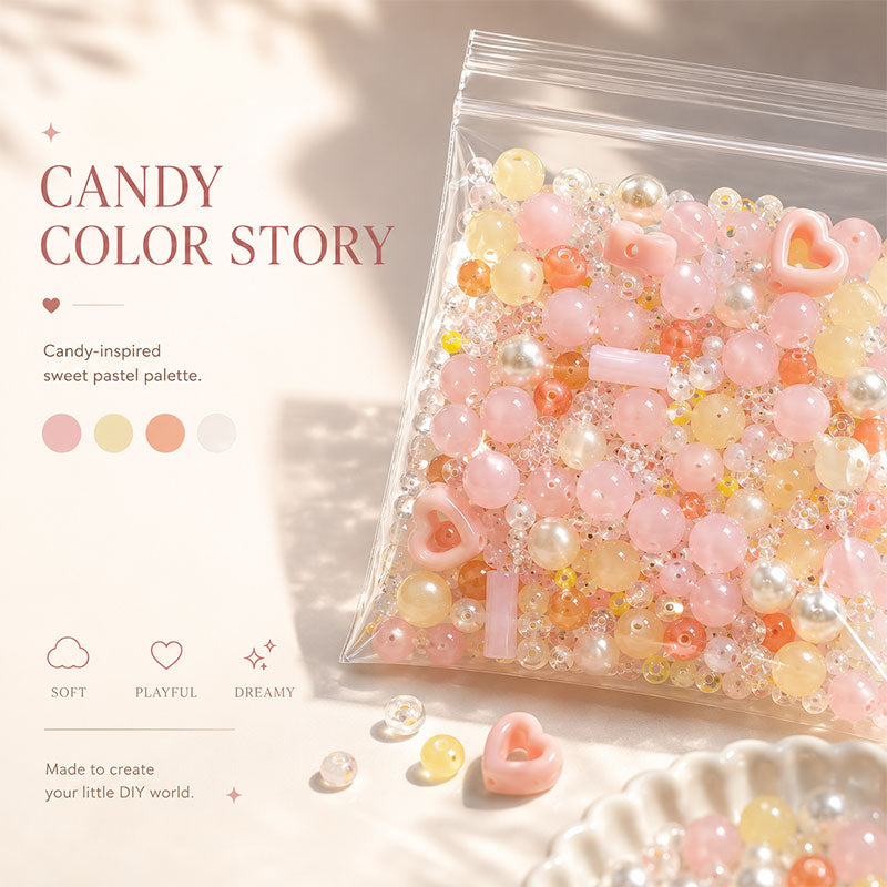 Candy-inspired curated bead mix with pink, cream, pearl and clear bead details