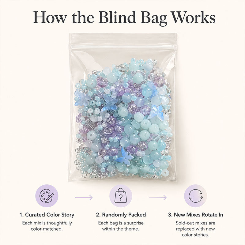 Curated color stories are randomly packed and replaced with new bead mixes as styles sell out
