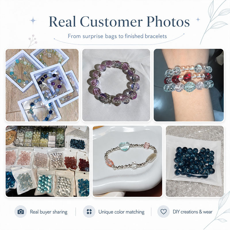 Customer photos of glass bead bracelets and mystery box creations