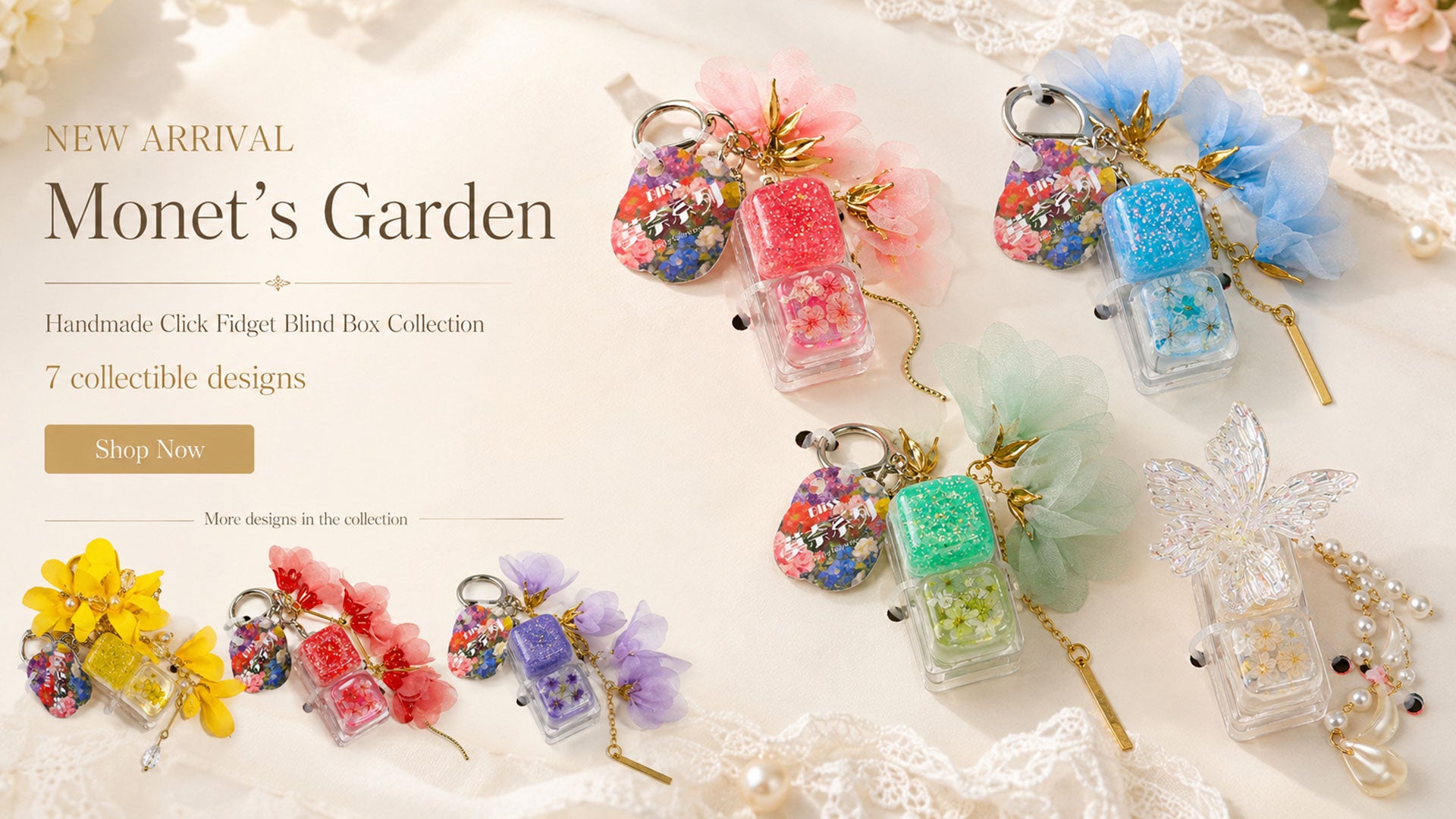 Monet’s Garden handmade click fidget blind box collection with seven floral collectible designs