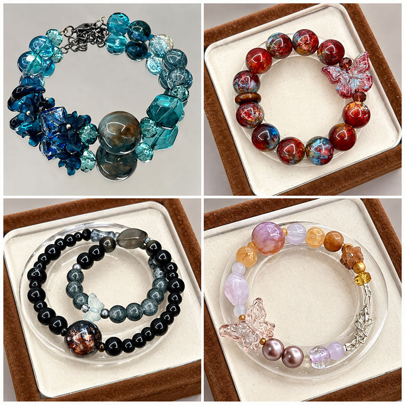 Four handmade bracelet designs created with colorful snowflake glass beads