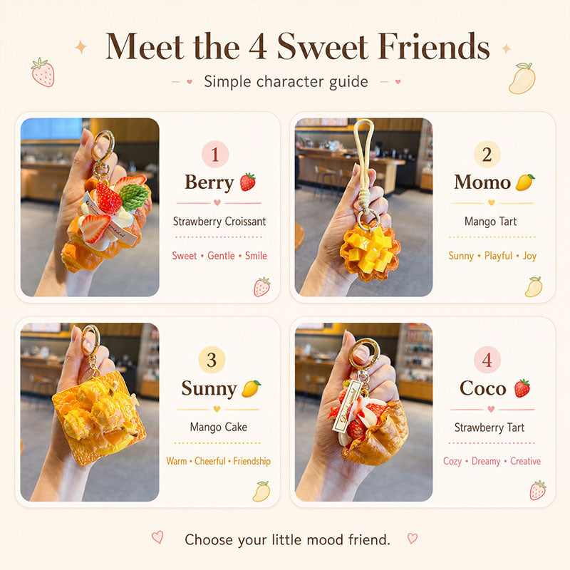 Four Sweetie Bites dessert charm keychains Berry Momo Sunny Coco collection